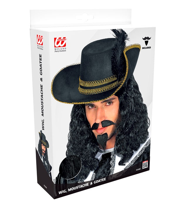 Musketier-Perücke mit Schnurr- und Kinnbart in Box für Fasnacht und Karneval