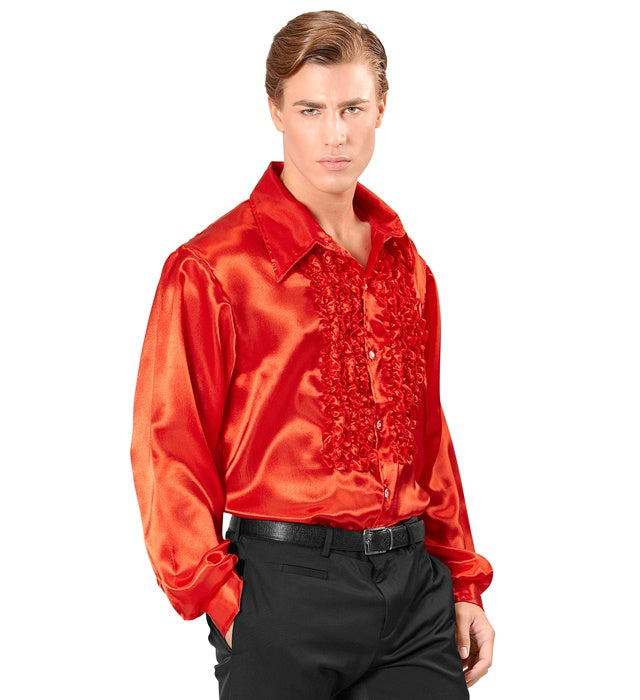Rotes 70er Jahre Rüschenhemd aus Satin für Fasnacht und Karneval