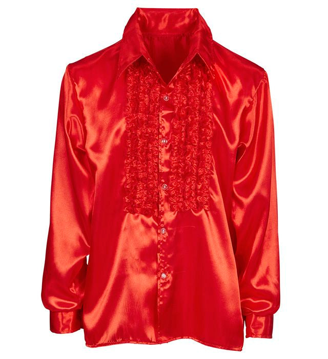 Rotes 70er Jahre Rüschenhemd aus Satin für Fasnacht und Karneval