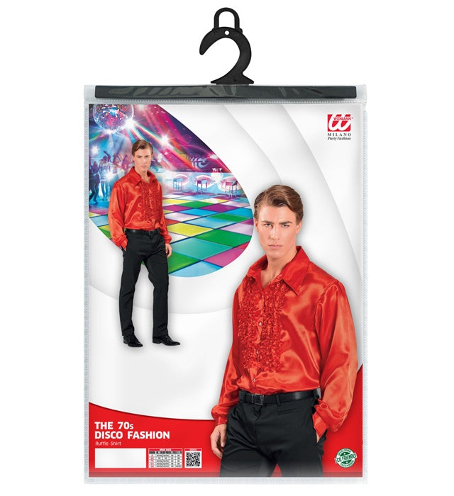 Rotes 70er Jahre Rüschenhemd aus Satin für Fasnacht und Karneval