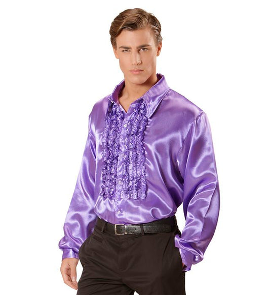 Violettes 70er Jahre Rüschenhemd aus glänzendem Satin für Fasnacht und Mottoparty