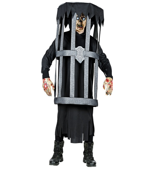 Gefangener im Käfig Kostüm mit Kapuzenrobe auf Fasnacht