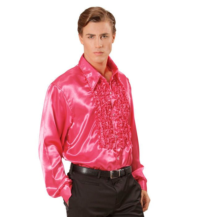 Pinkes 70er Jahre Rüschenhemd aus Satin im Disco-Stil