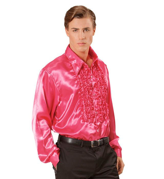Pinkes 70er Jahre Rüschenhemd aus Satin im Disco-Stil