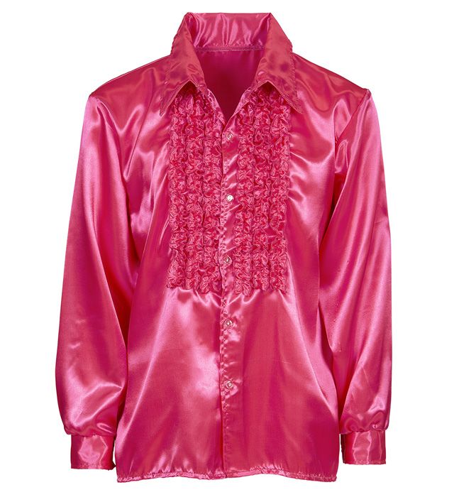Pinkes 70er Jahre Rüschenhemd aus Satin im Disco-Stil