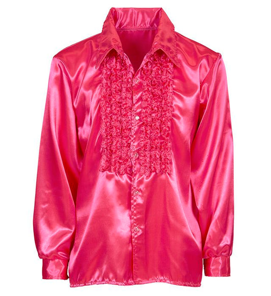 Pinkes 70er Jahre Rüschenhemd aus Satin im Disco-Stil