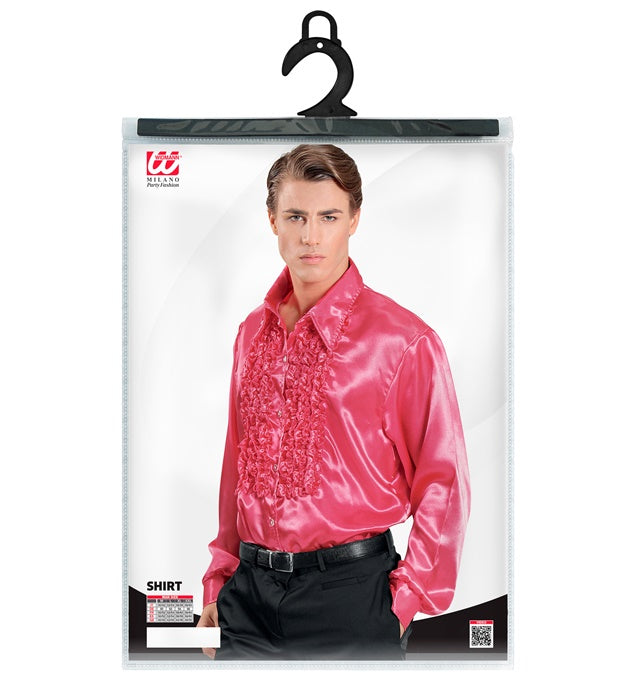 Pinkes 70er Jahre Rüschenhemd aus Satin im Disco-Stil
