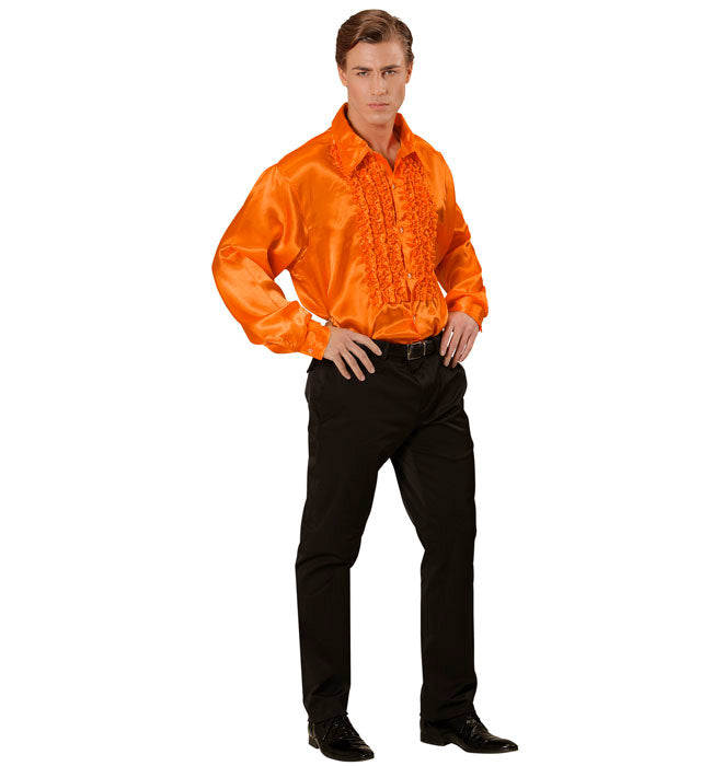 Oranges 70er Jahre Disco Rüschenhemd aus Satin für Fasnacht und Mottoparty