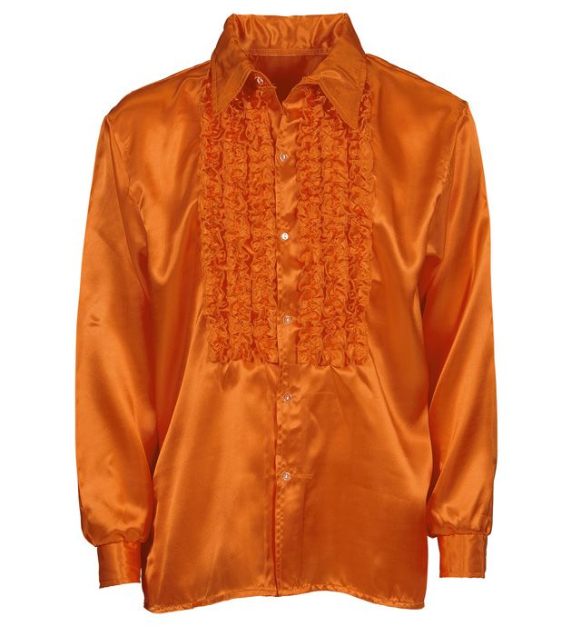 Oranges 70er Jahre Disco Rüschenhemd aus Satin für Fasnacht und Mottoparty