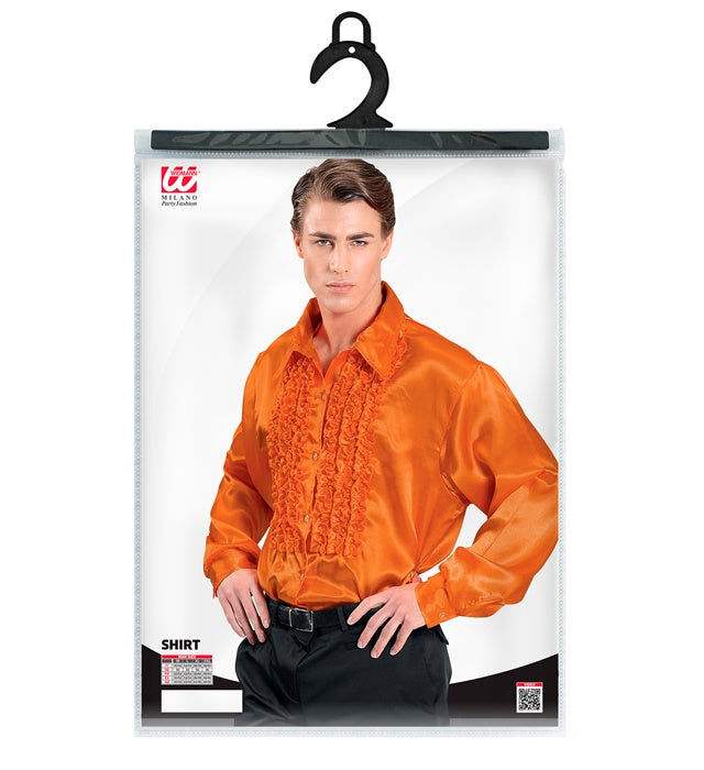 Oranges 70er Jahre Disco Rüschenhemd aus Satin für Fasnacht und Mottoparty