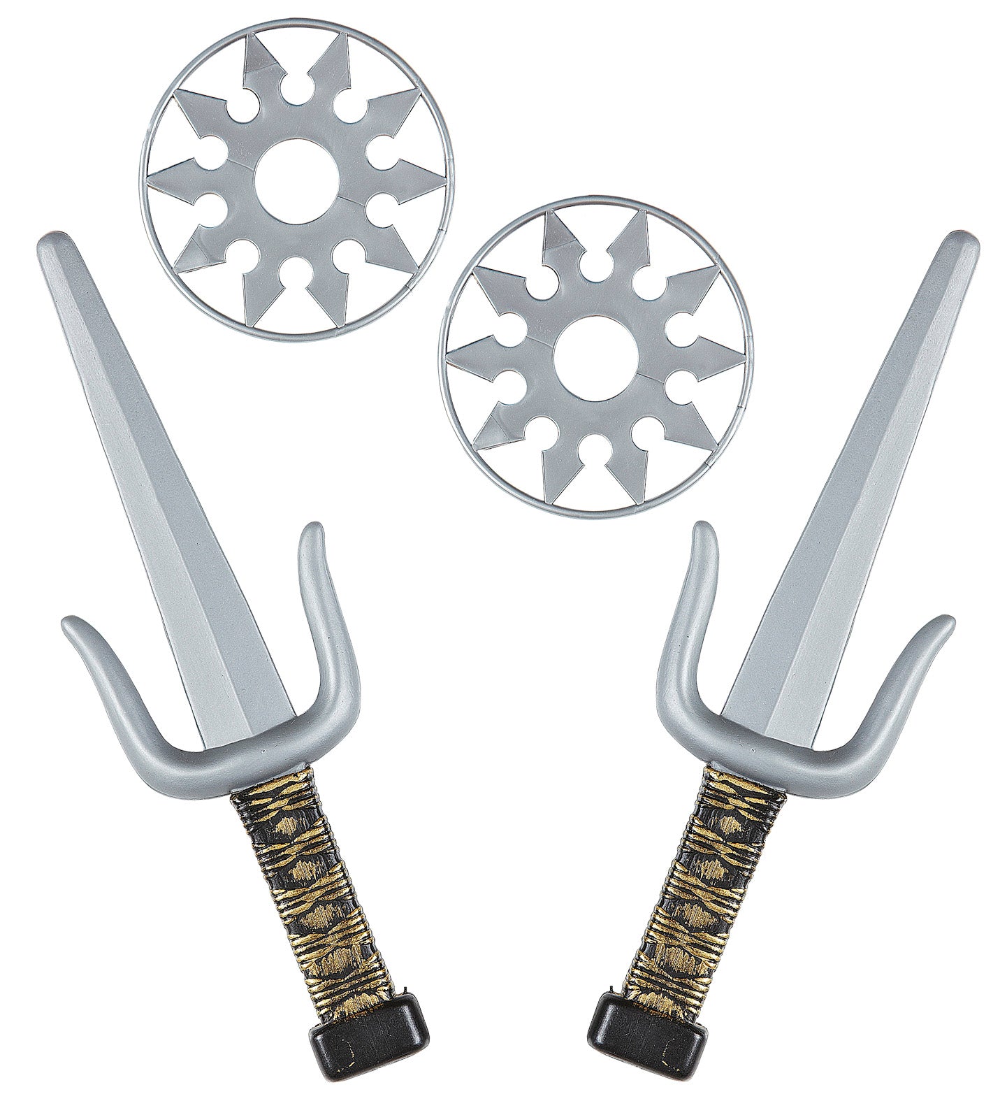 Ninja Waffen-Set mit 2 Sai und 2 Shuriken auf weißem Hintergrund
