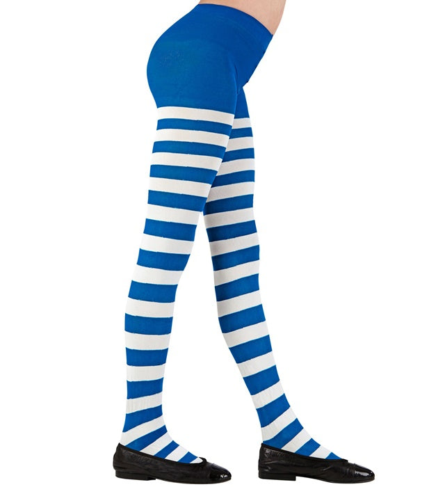Weiß-blau gestreifte Strumpfhose 70 DEN als Clown-Kostümzubehör