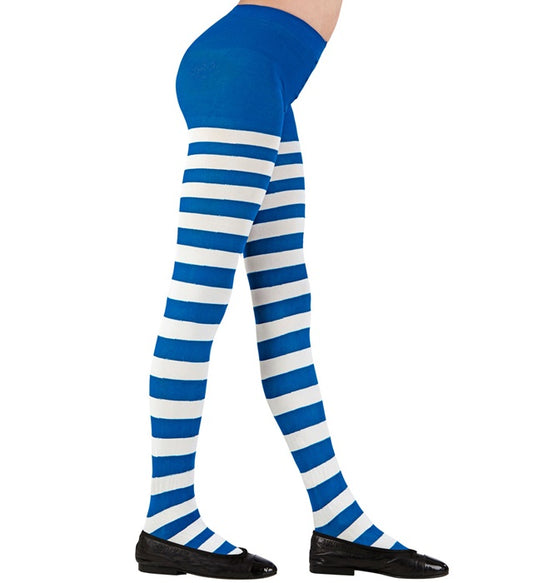 Weiß-blau gestreifte Strumpfhose 70 DEN als Clown-Kostümzubehör