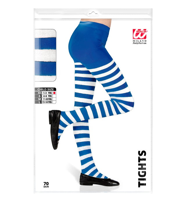 Weiß-blau gestreifte Strumpfhose 70 DEN als Clown-Kostümzubehör