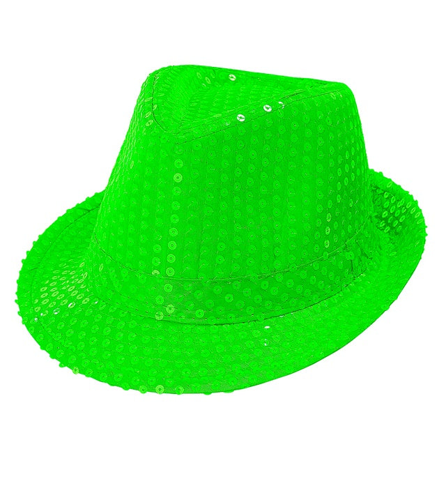 Neon grüner Fedora-Hut mit glitzernden Pailletten für Fasnacht und Karneval