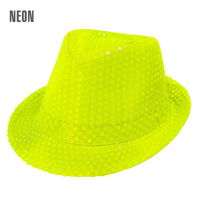 Neon gelber Fedora Hut mit glitzernden Pailletten für Fasnacht