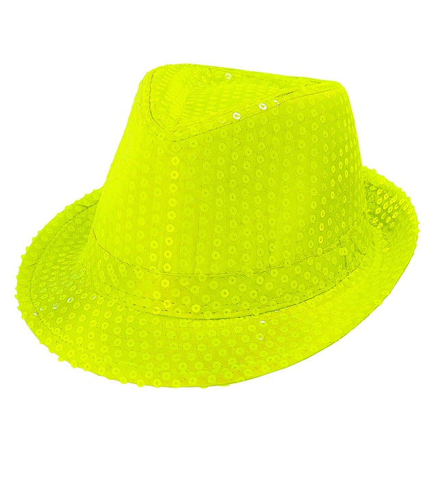 Neon gelber Fedora Hut mit glitzernden Pailletten für Fasnacht