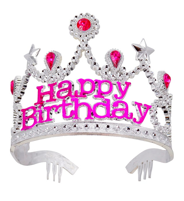 Silbernes Happy Birthday Diadem mit rosa Schmucksteinen für Kinder