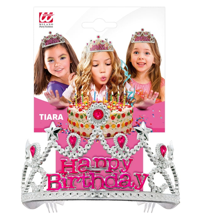 Silbernes Happy Birthday Diadem mit rosa Schmucksteinen für Kinder