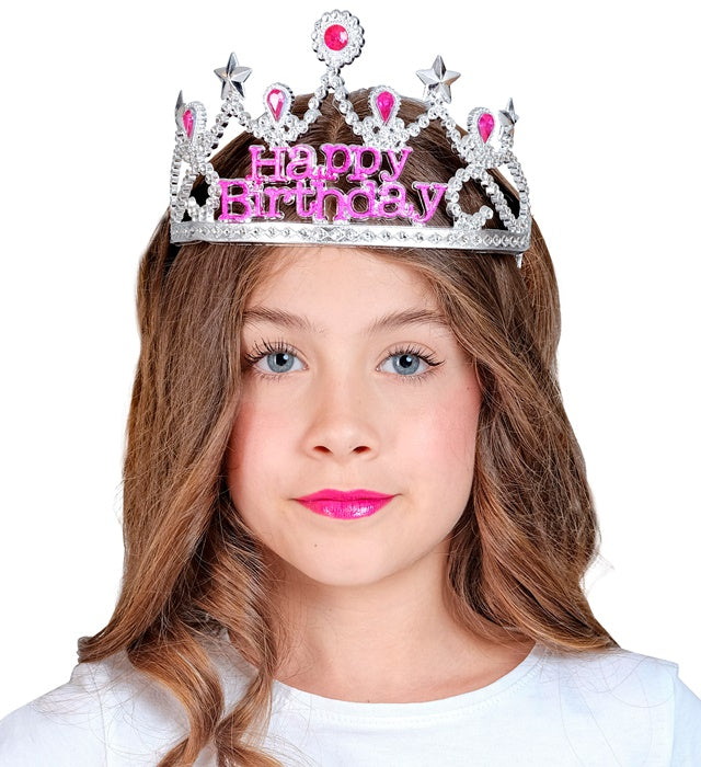 Silbernes Happy Birthday Diadem mit rosa Schmucksteinen für Kinder