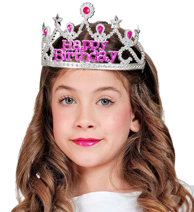 Silbernes Happy Birthday Diadem mit rosa Schmucksteinen für Kinder