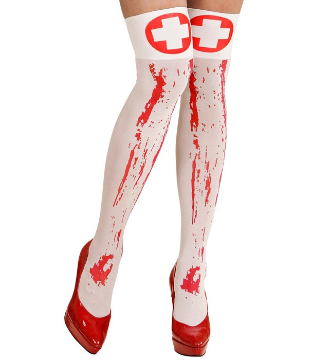 Blutige Krankenschwester Overknee-Strümpfe 70 DEN mit Blutflecken für Fasnacht und Halloween