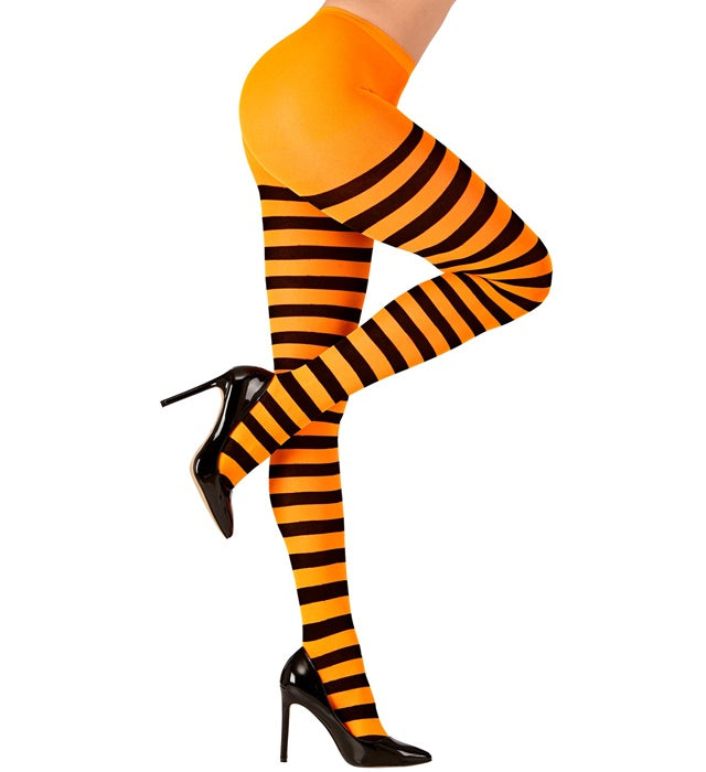 Orange-schwarz gestreifte Strumpfhose 70 DEN für Fasnacht und Halloween