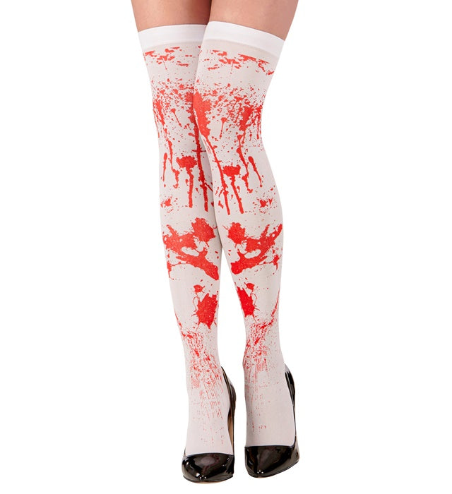 Blutige Überkniestrümpfe 70 DEN mit blutigen Flecken für Halloween Kostüme