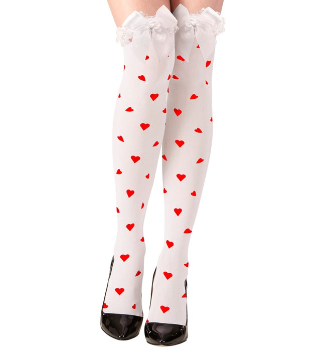 Überkniestrümpfe Queen of Hearts mit weißer Satin-Schleife in blickdichter Qualität