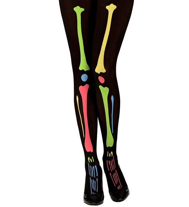 Neonstrumpfhose mit leuchtendem Skelett-Motiv in Schwarz und Neonfarben