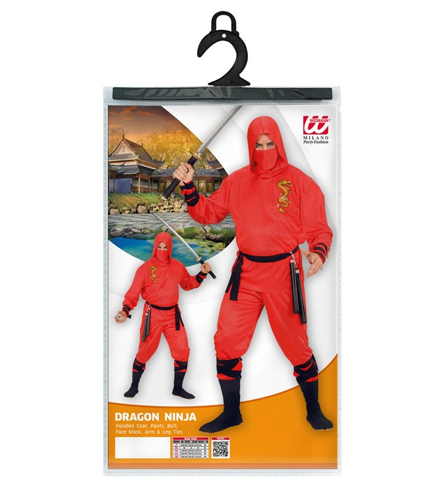 Rotes Ninja-Kostüm mit Kapuze, Hose, Gürtel und Gesichtsmaske auf weißem Hintergrund
