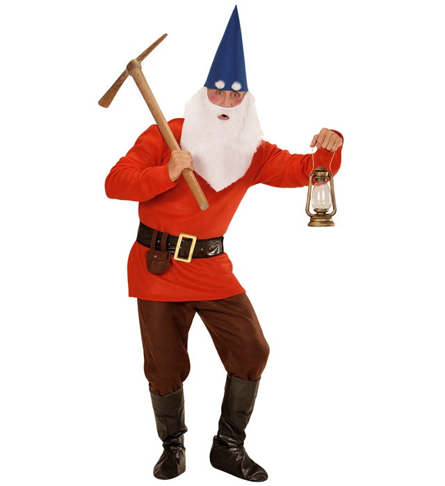 Rotes Zwerg-Kostüm mit Jacke, Hose, Gürtel, Hut, Bart und Augenbrauen für Fasnacht