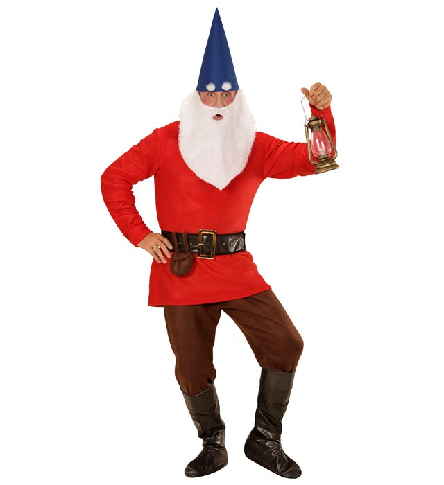 Rotes Zwerg-Kostüm mit Jacke, Hose, Gürtel, Hut, Bart und Augenbrauen für Fasnacht