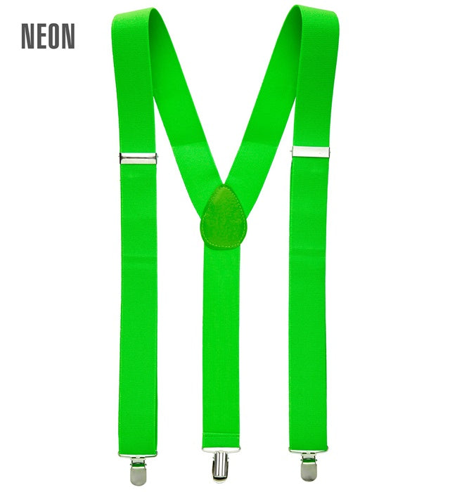 Neon grüne Hosenträger mit verstellbaren Clips auf weissem Hintergrund