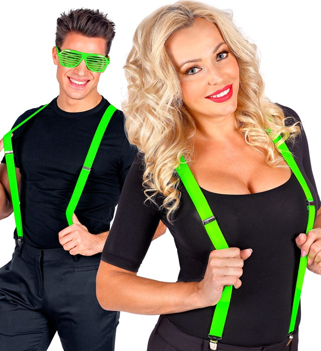 Neon grüne Hosenträger mit verstellbaren Clips auf weissem Hintergrund