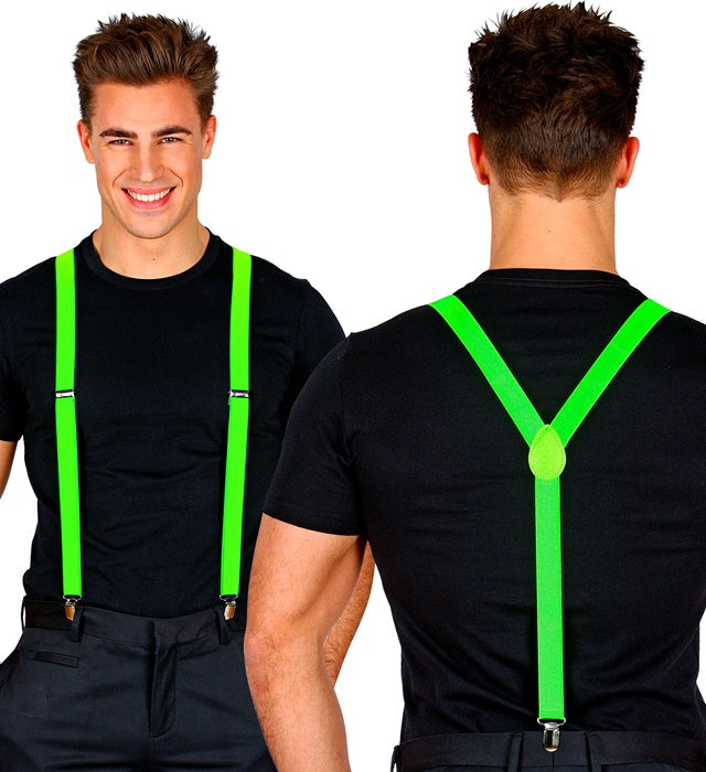Neon grüne Hosenträger mit verstellbaren Clips auf weissem Hintergrund