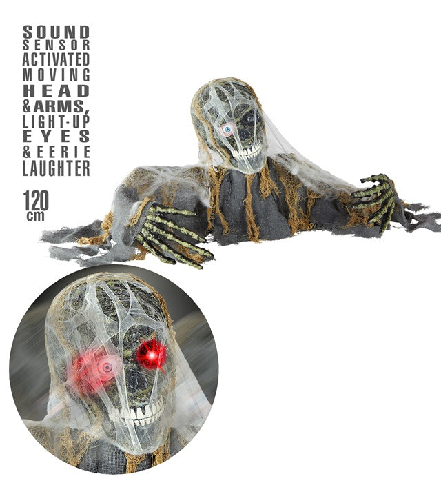120 cm grosses Zombieskelett mit leuchtendem Auge und beweglichem Kopf in Halloween-Dekoration