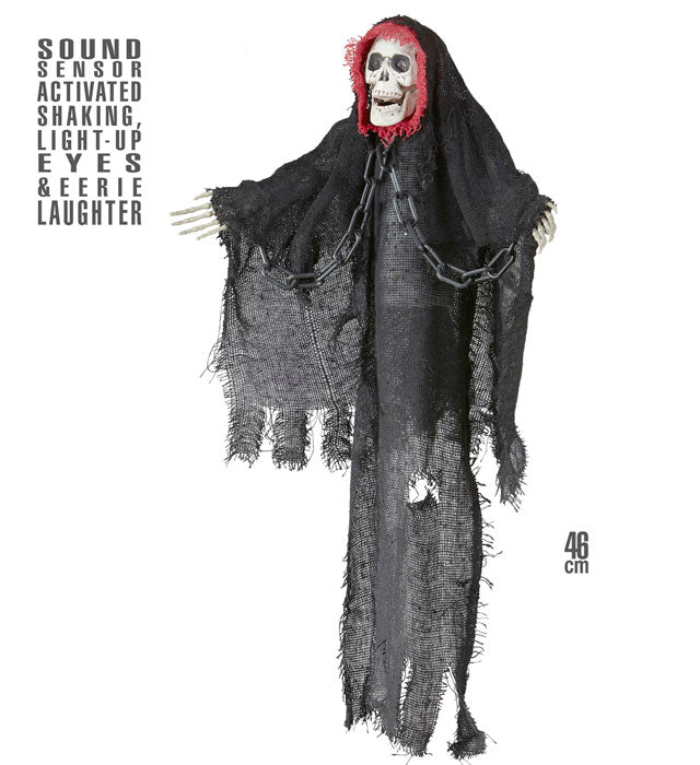Zitternder Grim Reaper mit leuchtenden Augen und gruseliger Lache, Halloween-Dekoration 46 cm