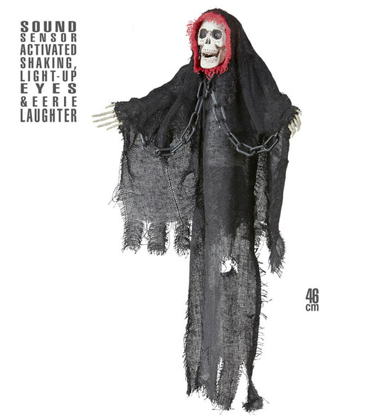 Zitternder Grim Reaper mit leuchtenden Augen und gruseliger Lache, Halloween-Dekoration 46 cm