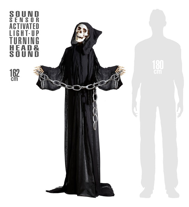 Grim Reaper Halloween Dekofigur mit leuchtendem, drehendem Kopf und Sound