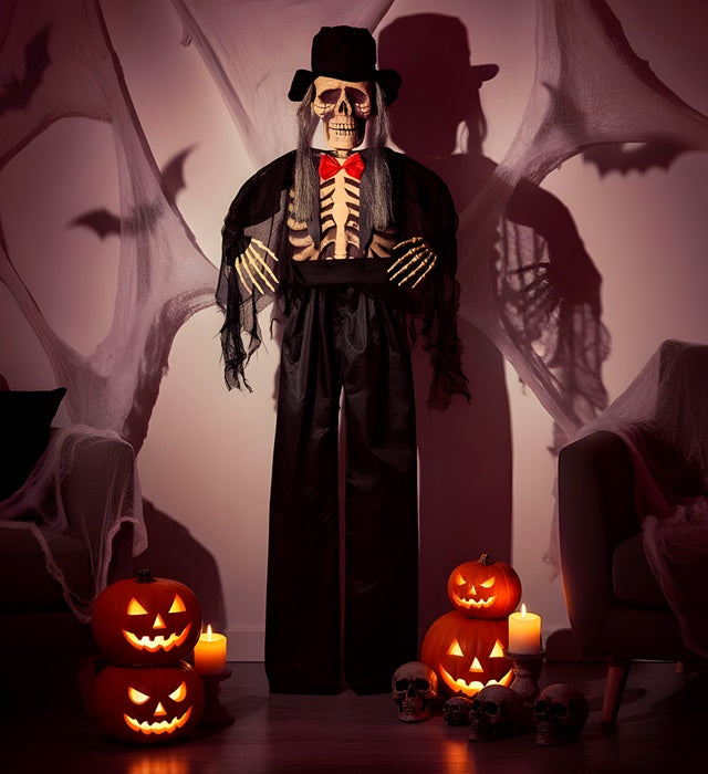 Lebensgroßer Skelettbräutigam Halloween-Dekofigur 153 cm mit Brautkleid