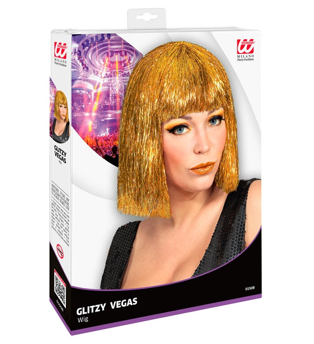 Glitzy Vegas Gold Perücke in funkelndem Gold für Fasnacht und Karneval