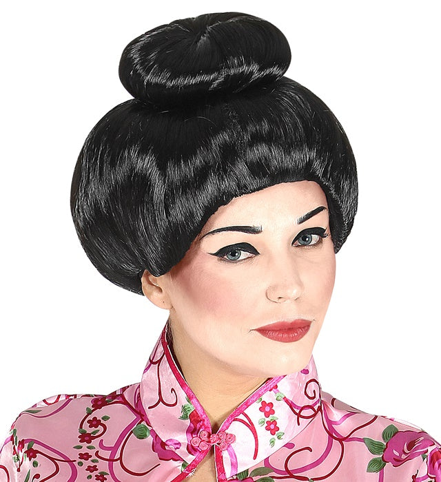 Schwarze Geisha Perücke im klassischen Stil für Fasnacht und Karneval