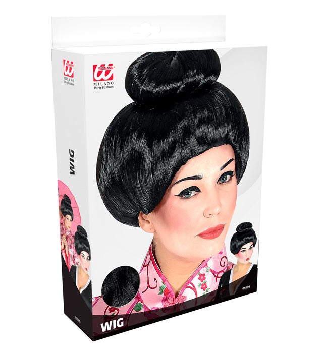 Schwarze Geisha Perücke im klassischen Stil für Fasnacht und Karneval