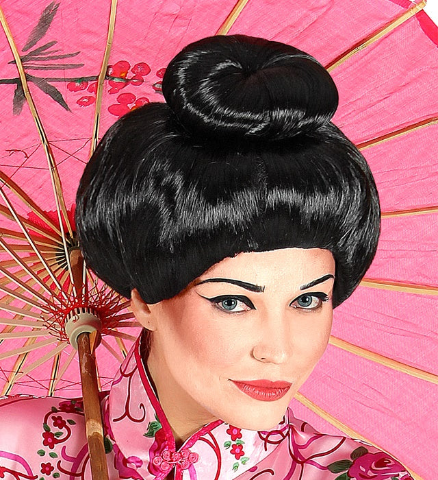 Schwarze Geisha Perücke im klassischen Stil für Fasnacht und Karneval