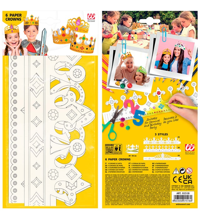 Set von sechs bemalbaren Papierkronen in verschiedenen Modellen für Kinder zum Basteln und Verkleiden