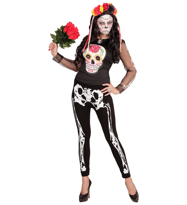 Skelettleggings mit Skelettmuster in Schwarz-Weiß für Fasnacht und Halloween