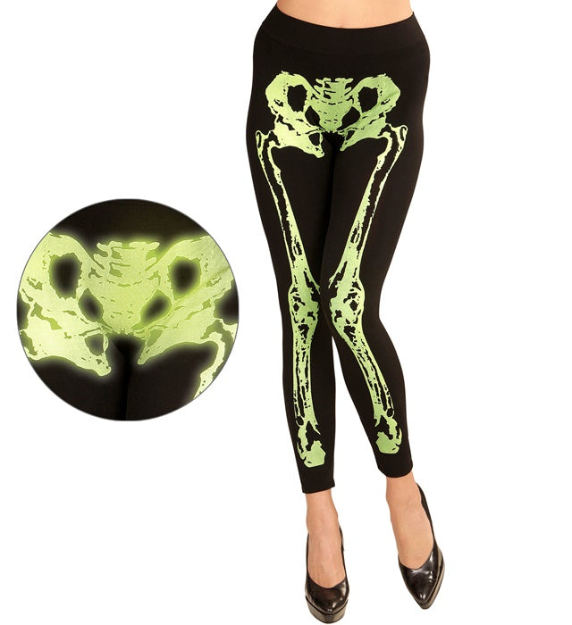 Neon grüne Skelettleeggings mit Skelettmuster für Fasnacht und Halloween