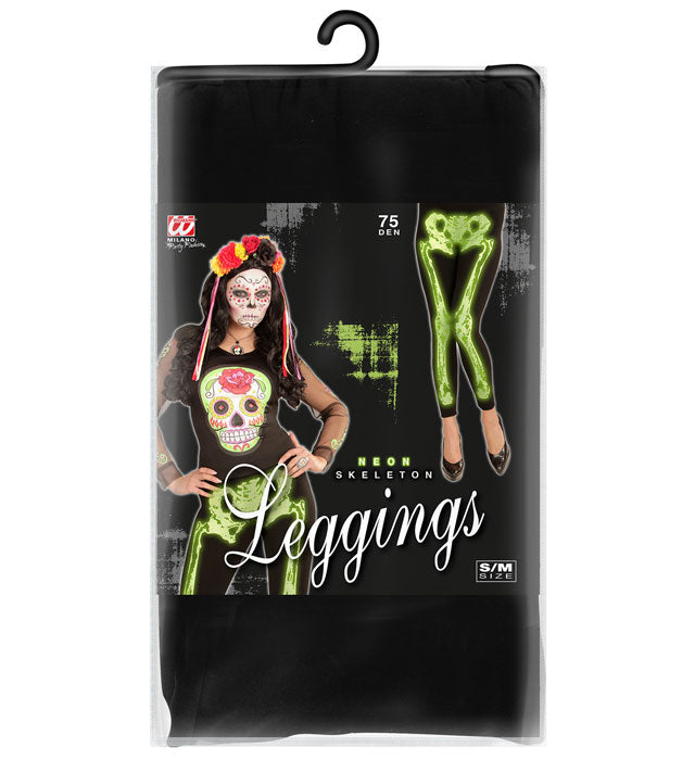 Neon grüne Skelettleeggings mit Skelettmuster für Fasnacht und Halloween