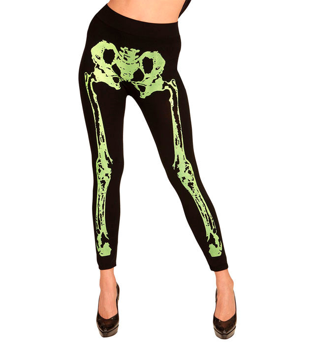 Neon grüne Skelettleeggings mit Skelettmuster für Fasnacht und Halloween